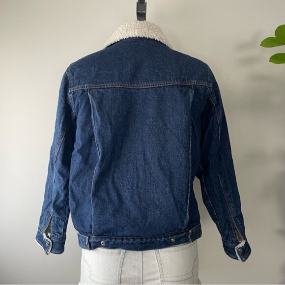 Vintage Sherpa Fleece Lined Denim Jacket Button Down Dark Medium Wash Size Small - Picture 2 of 12